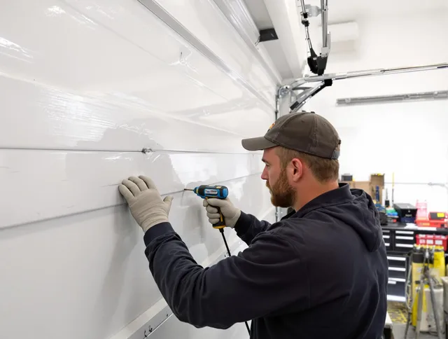 Hopkinton Garage Door Repair technician demonstrating precision dent removal techniques on a Hopkinton garage door