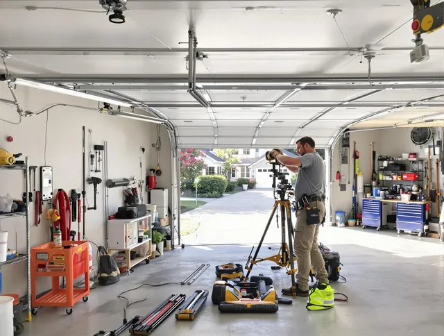 Hopkinton Garage Door Repair specialist performing laser-guided track alignment in Hopkinton